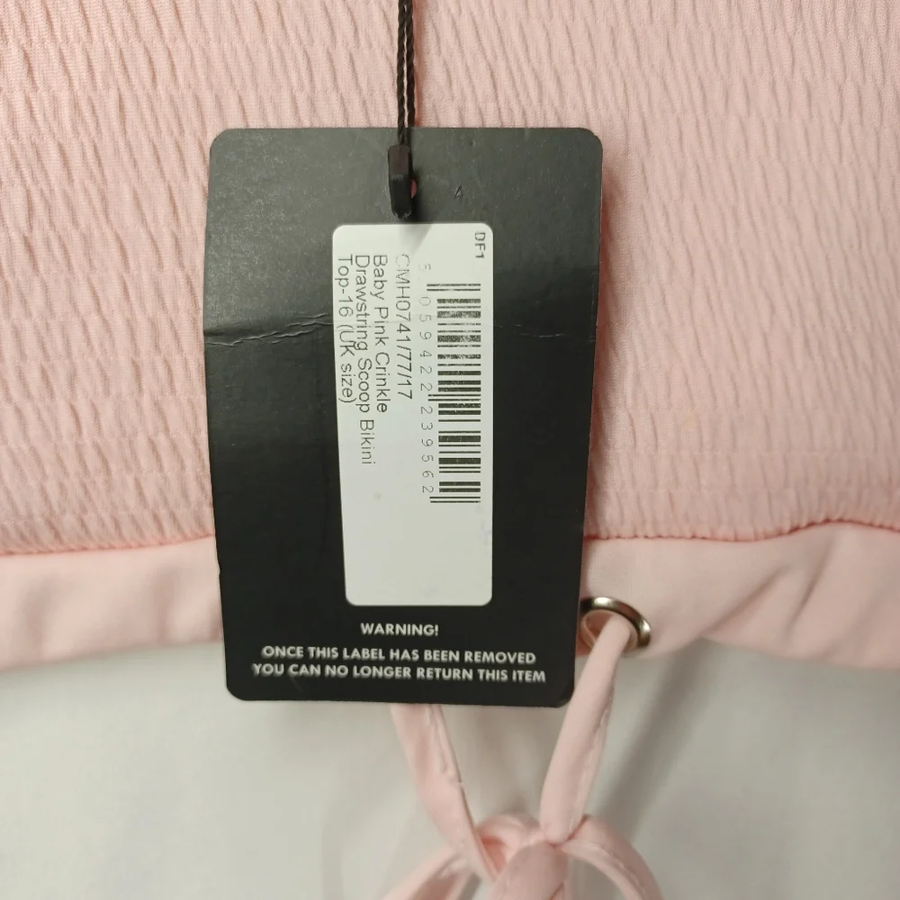 PRETTYLITTLETHING Baby Pink Crinkle Scoop Neck Drawstring Bikini Top 12 L NWT